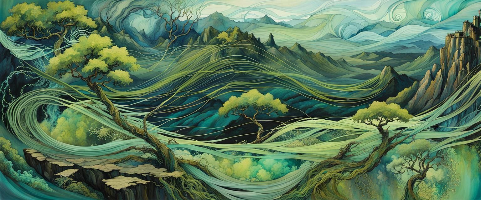 Art Nouveau Landscape in Lime Green and Teal