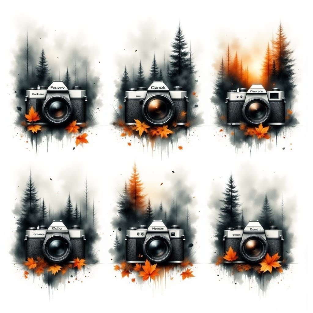 SLR Cameras in Autumnal, Foggy Forest: Watercolor Style