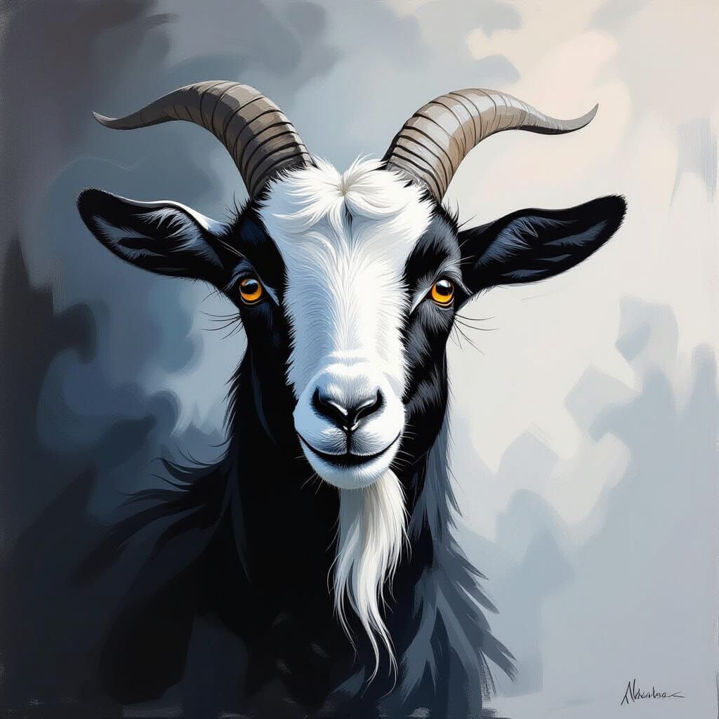 Detailed Black and White Goat Gouache Painting