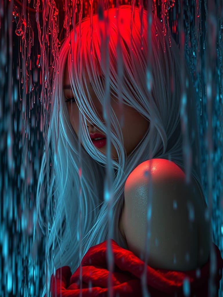 Surreal Fairy in Mineral-Red Waterfall