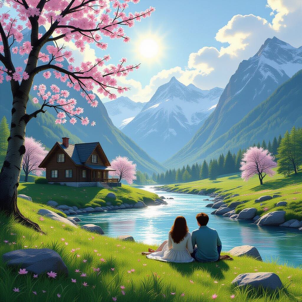 Couple Enjoys Serene Mountain Home with Blossoms and River