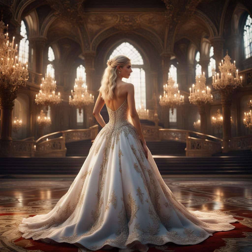 Woman in Ornate Wedding Dress in Castle Hall