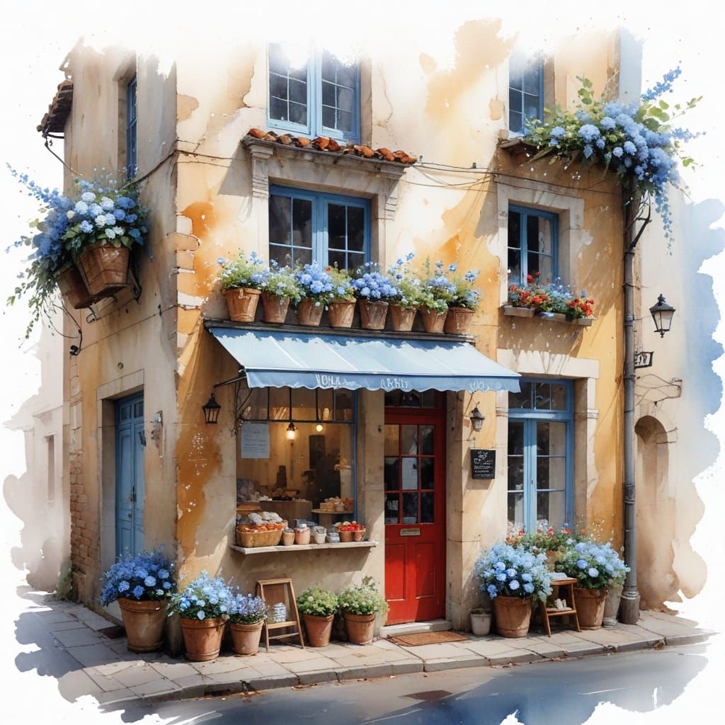 Rustic Bakery Storefront in Pastel Watercolor Style