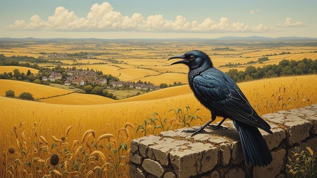 Eurasian Jackdaw Overlooking Golden Rural Landscape