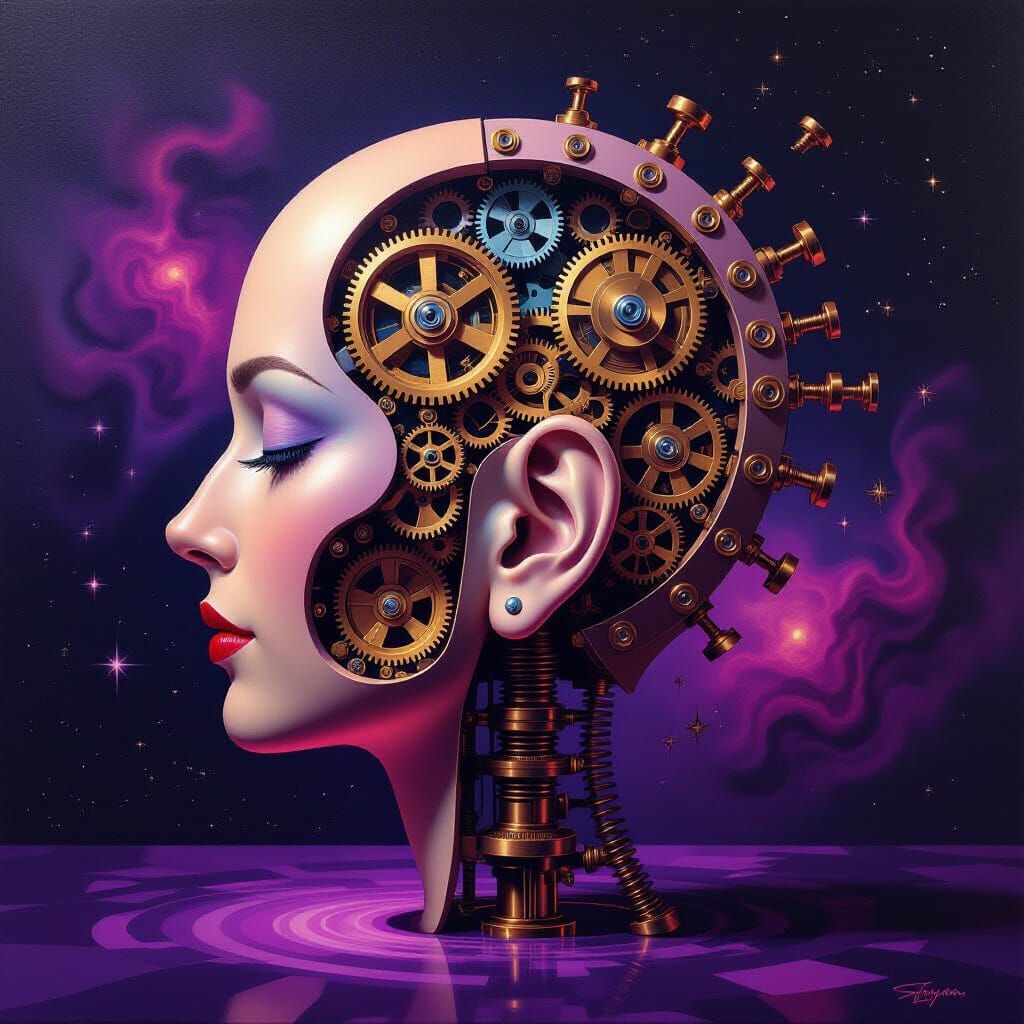 Surreal Clockwork Ear Emitting Sound Waves in Cosmic Purple