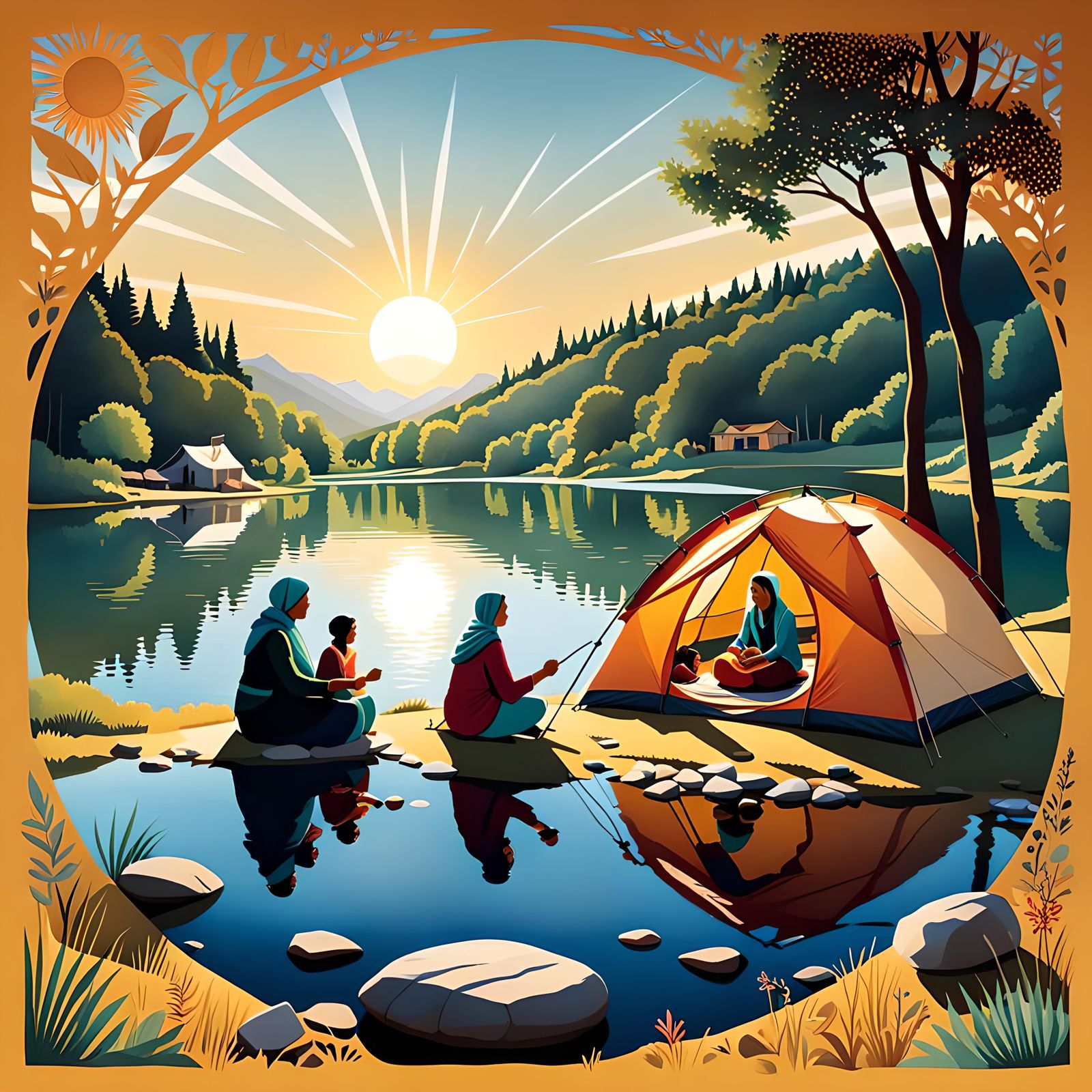 By the waters edge, the joy of camping unfolds,
Indigenous s...