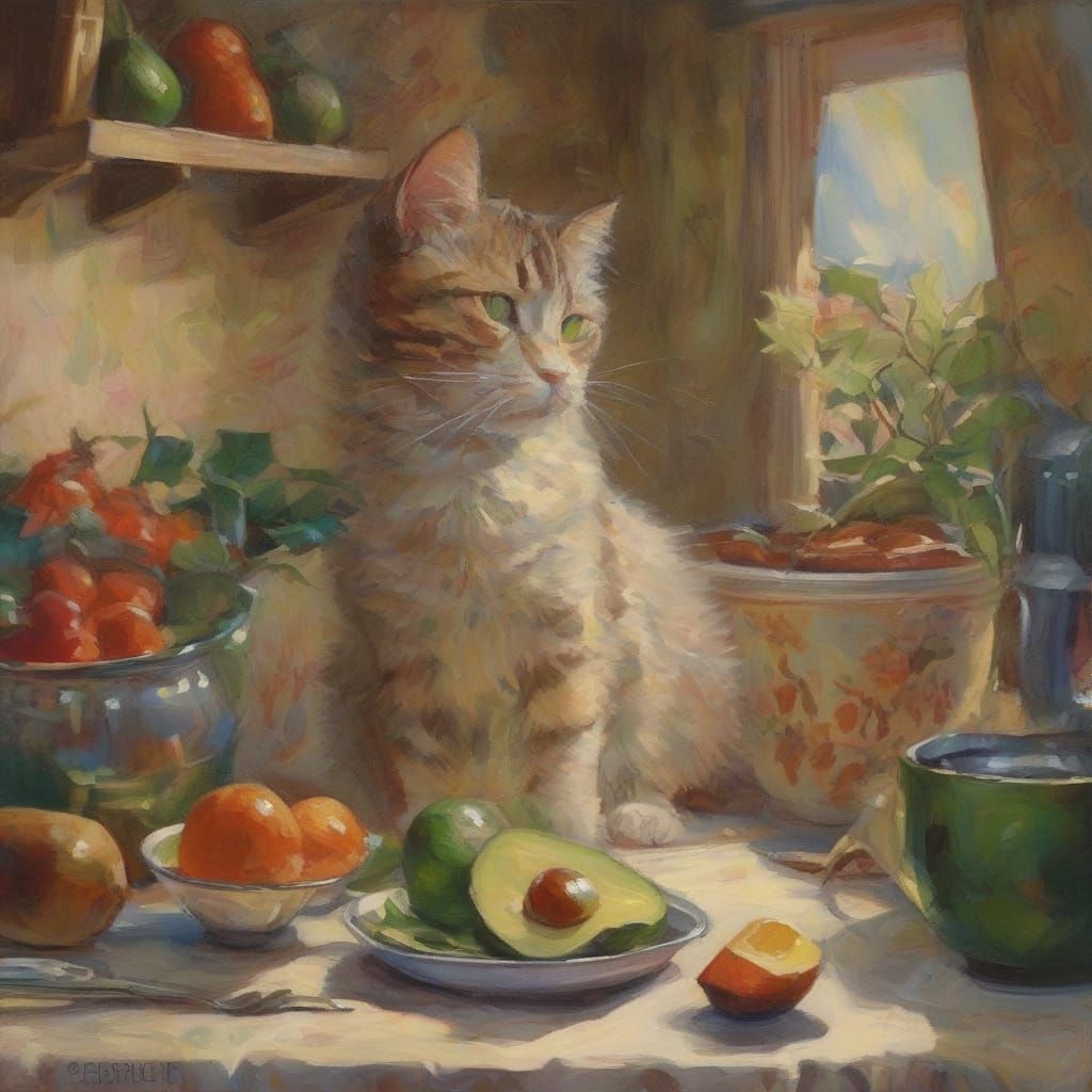 Expressionist Cat Eating Salad Oil Painting