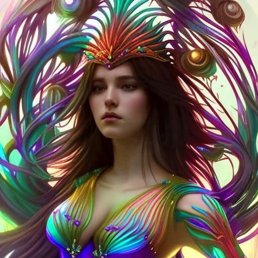 Fairy Peacock Gown Portrait in Hyperdetailed Style