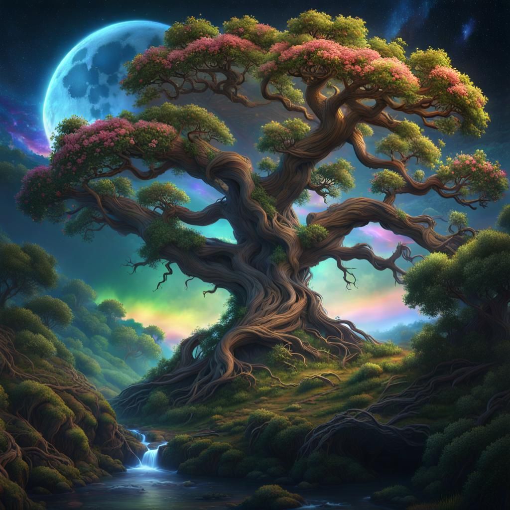 Ethereal Oak Tree on Cliffside in Dark Fantasy Art