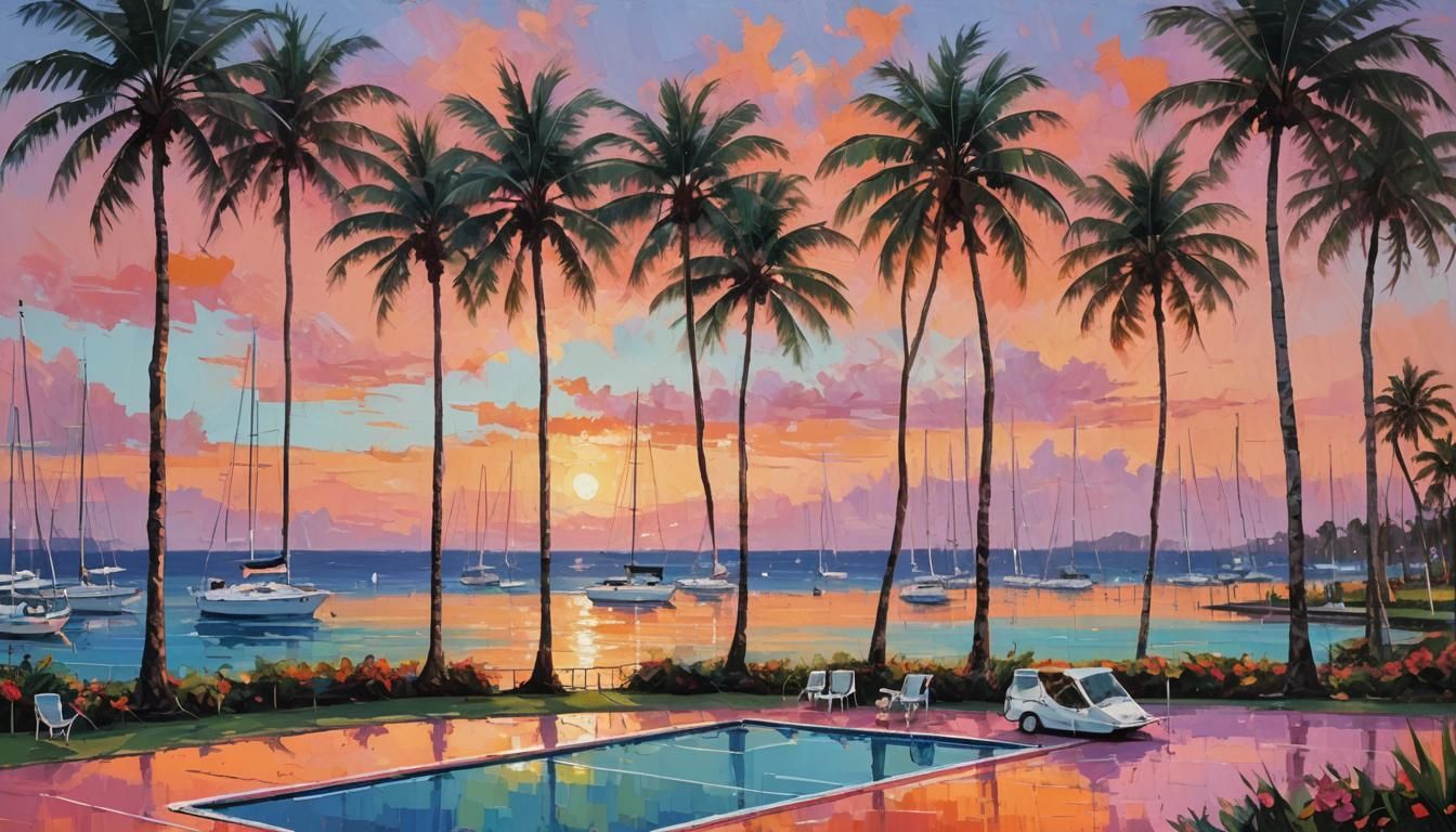 Tropical Tennis Court Sunset: Fauvism Oil Painting