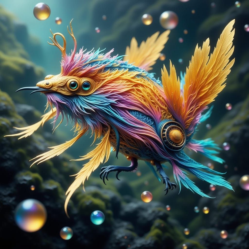 Bird-Goldfish Hybrid Takes Flight in Iridescent Fantasy