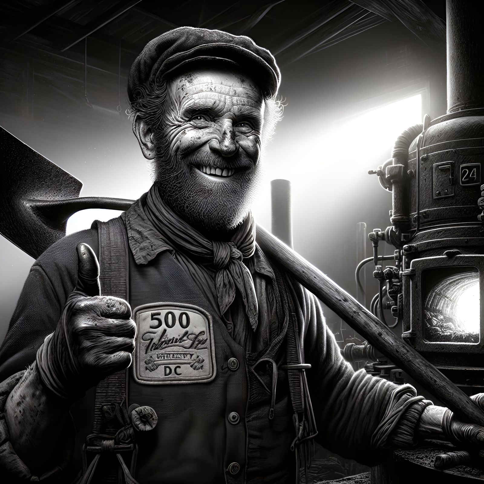 Hyperrealistic Portrait of a Grinning Stoker with Shovel
