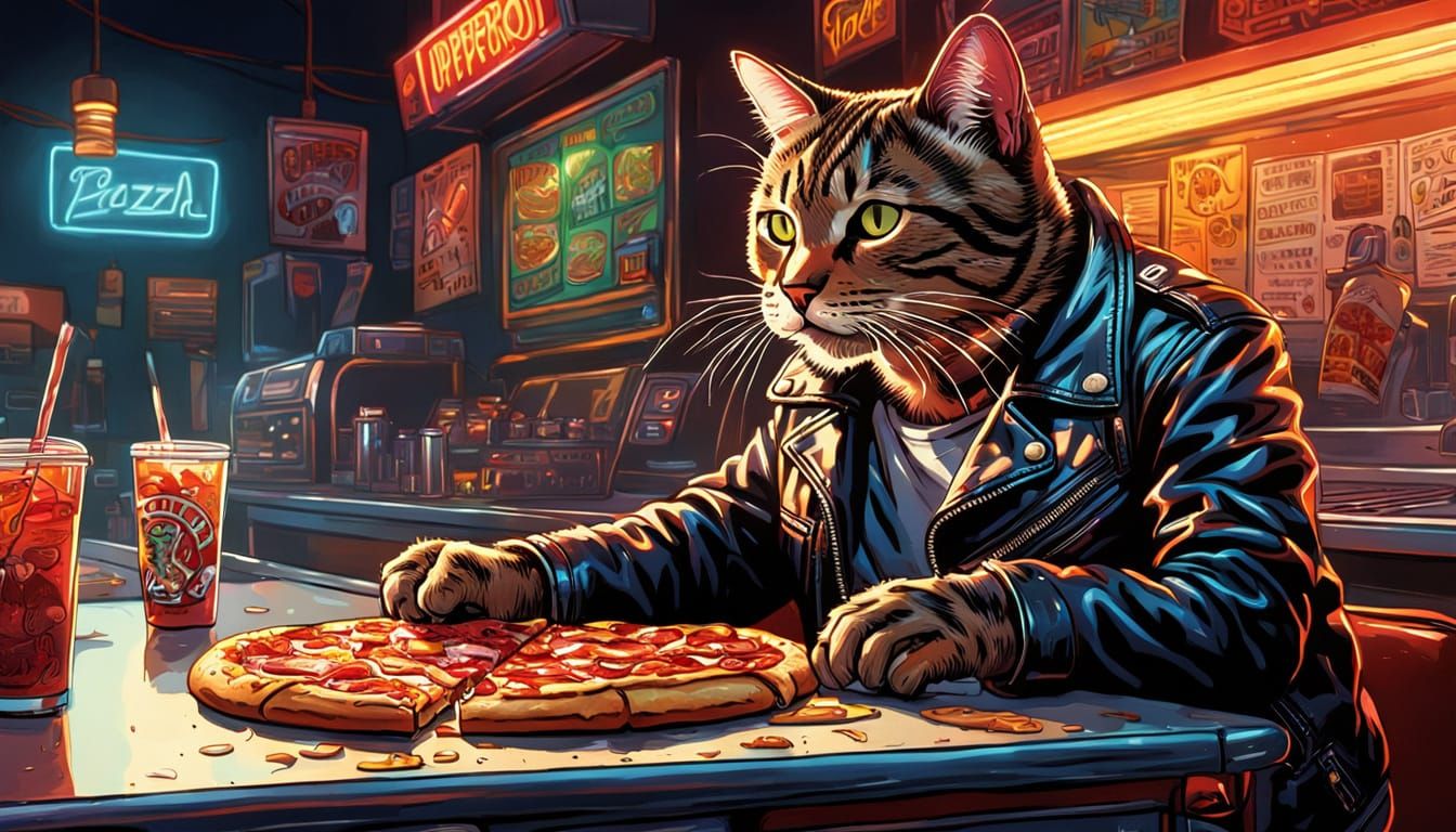 Tabby Cat Enjoying Pizza, Comic Book Art Style