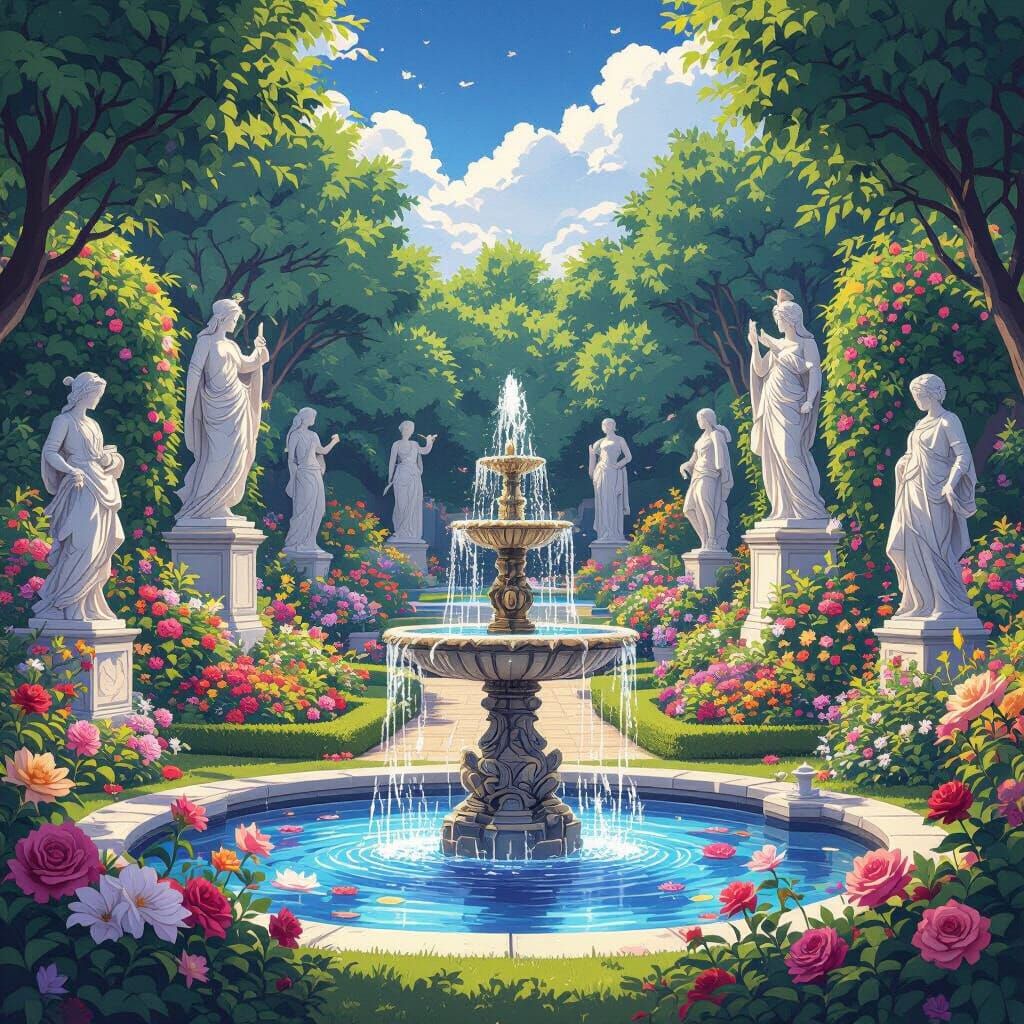 Enchanting Formal Garden with Statues, Fountains, and Arcane...