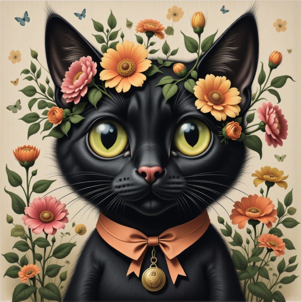 Kawaii Paper Mache Cat with Floral Accents