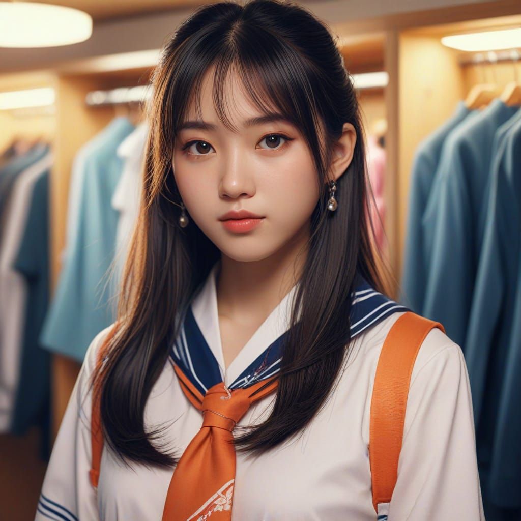 Beautiful Japanese Student in Dressing Room, Digital Art