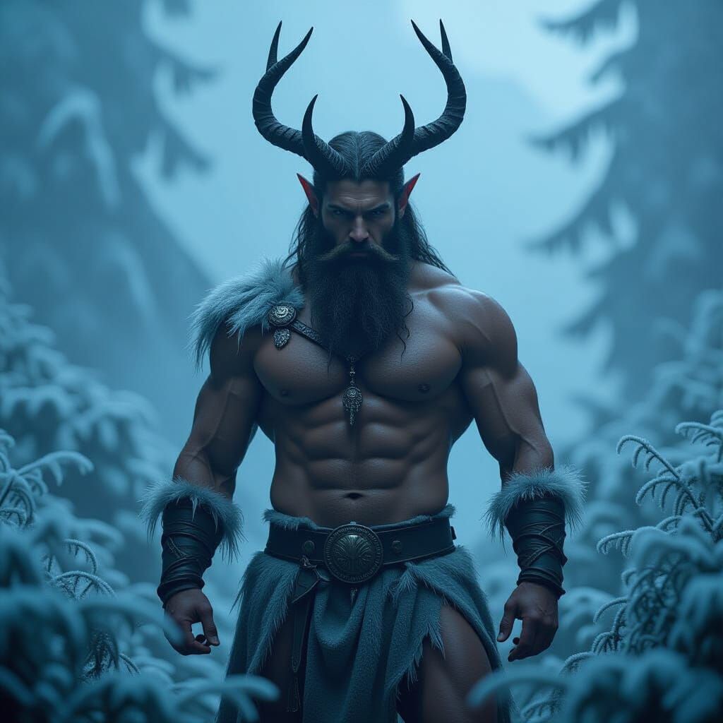 Muscular Satyr with Icy Flowers in Cinematic Style