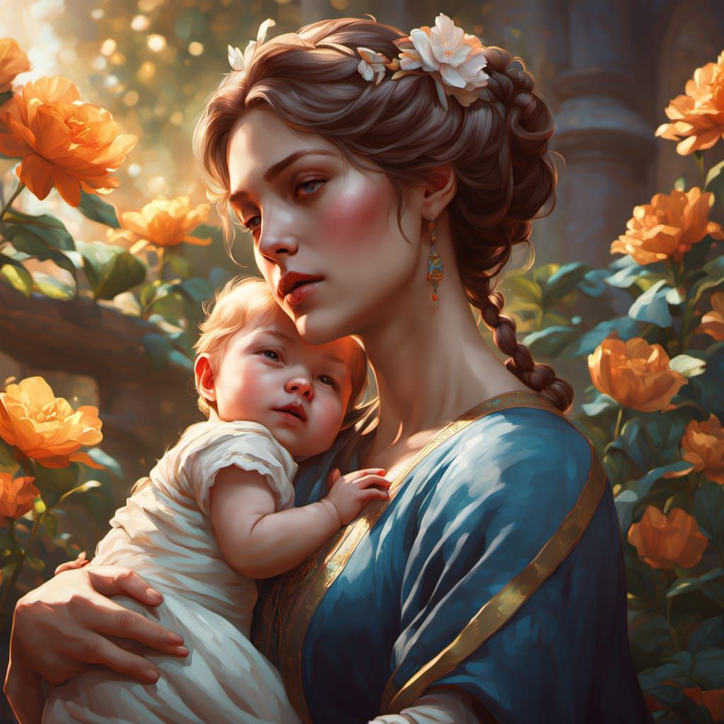 Serene Mother in a Vibrant Garden