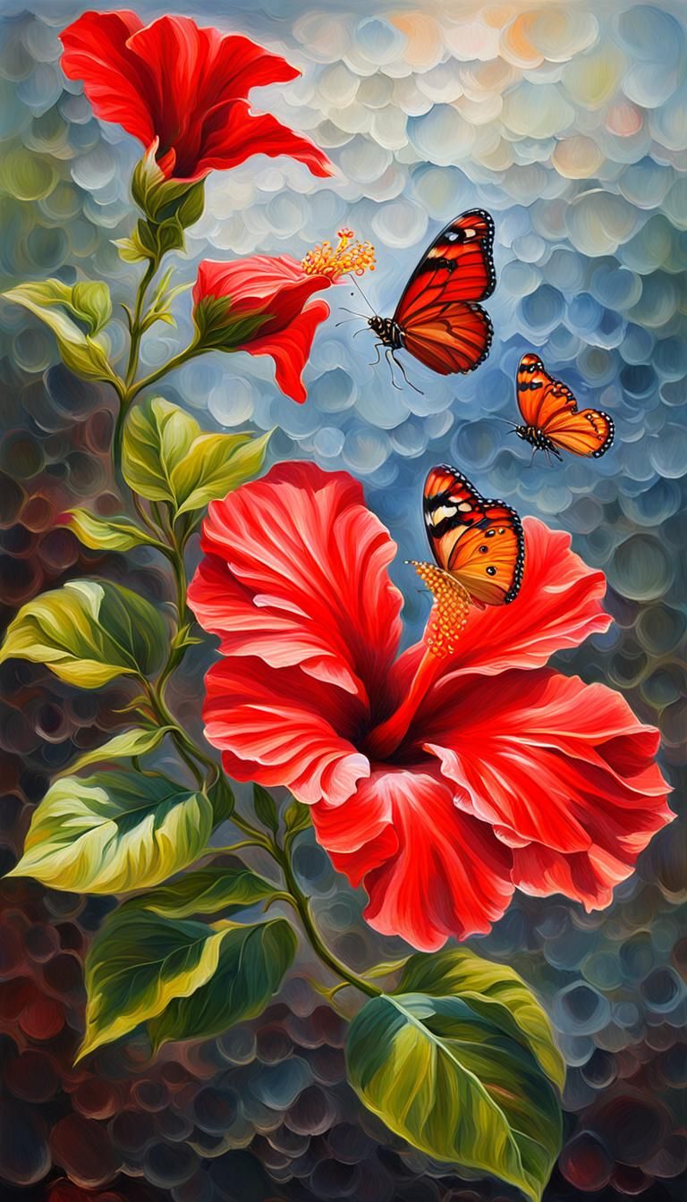 Red Hibiscus with Butterfly as Impasto Oil Painting