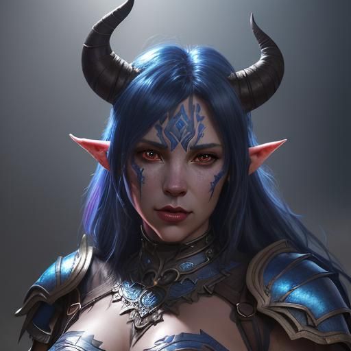 Blue Tiefling Barbarian Portrait in Hyperdetailed Style