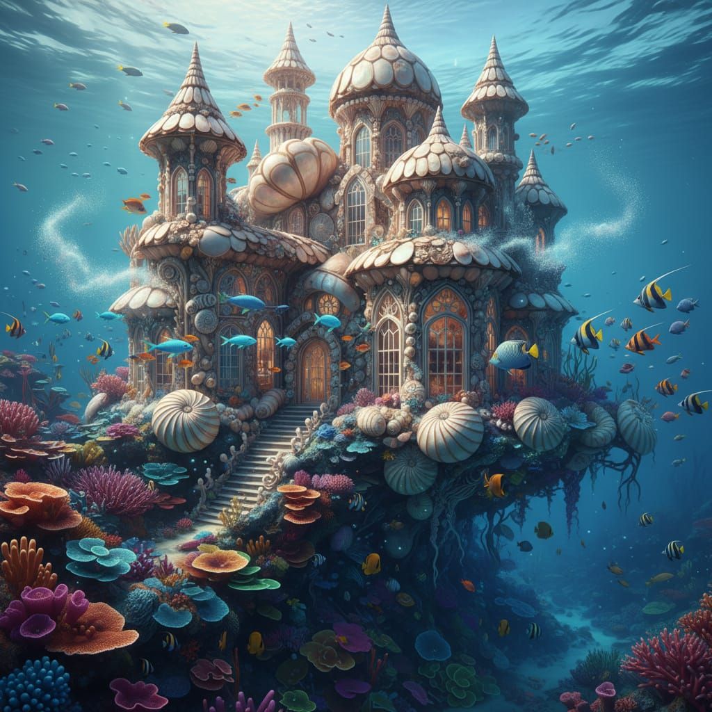 Seashell House on Coral Reef in Ocean Blues