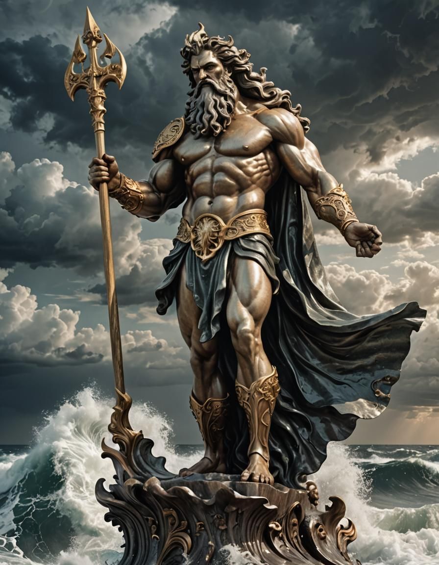 Majestic Poseidon Statue Amidst Crashing Waves