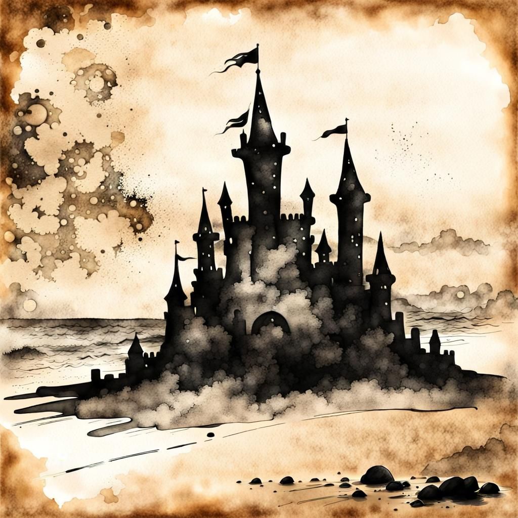 Sandcastle Silhouette: Steampunk Ink and Watercolor Art