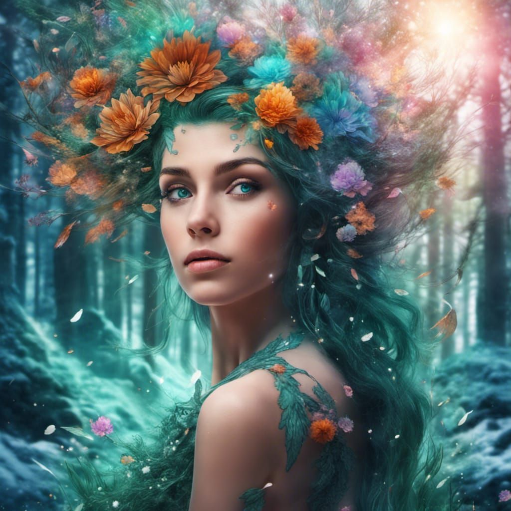 Mother Nature with Emerald Flowers and Snowy Forest