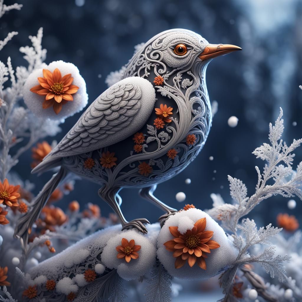 Lace Bird with Snow and Flowers