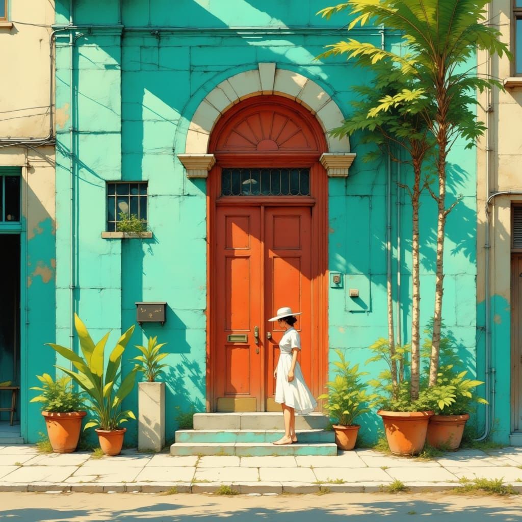 Urban Scene with Turquoise Building in Anime Style