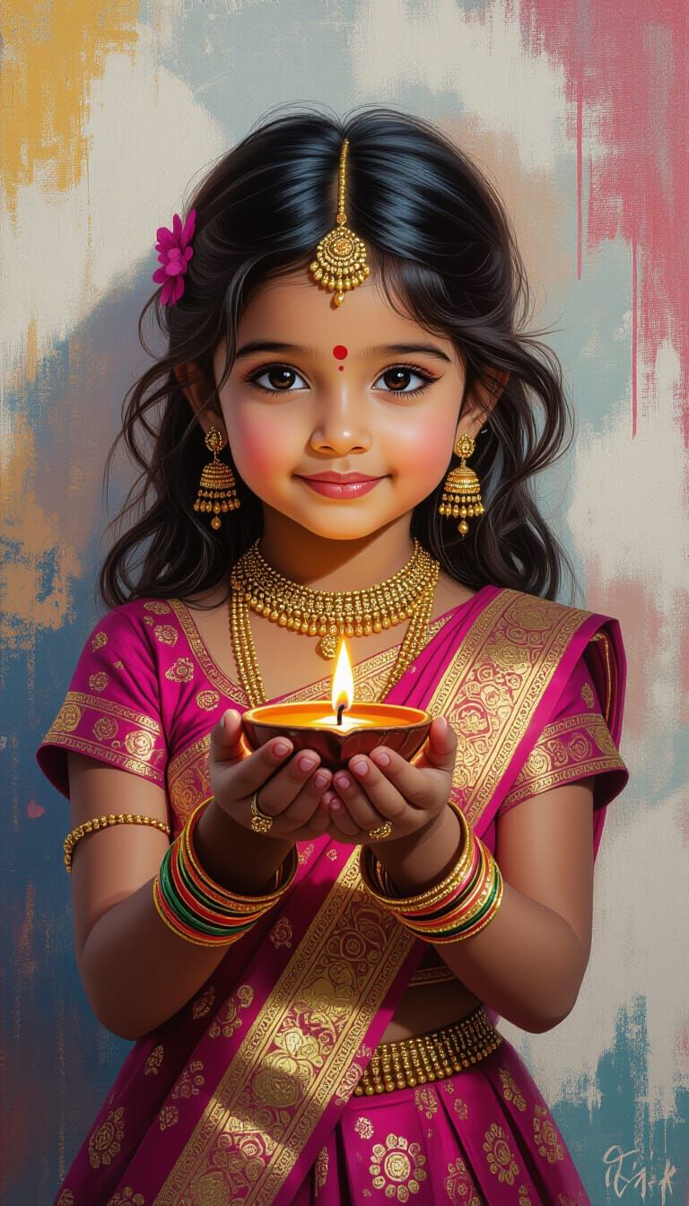 Diwali Girl with Diya Lamp in Graffiti Art Style