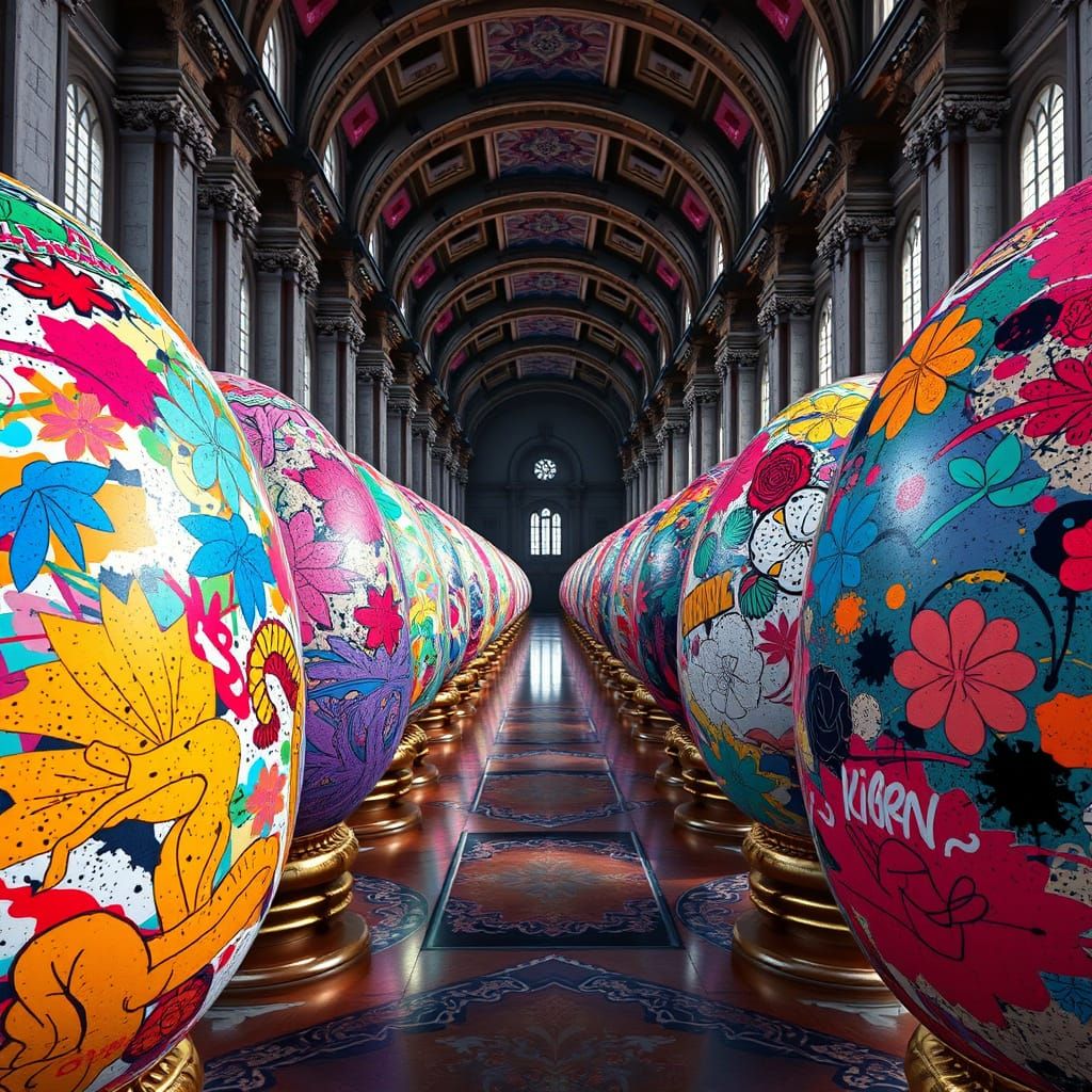 Vibrant, High-Ceilinged Hall of Abstract Graffiti Eggs