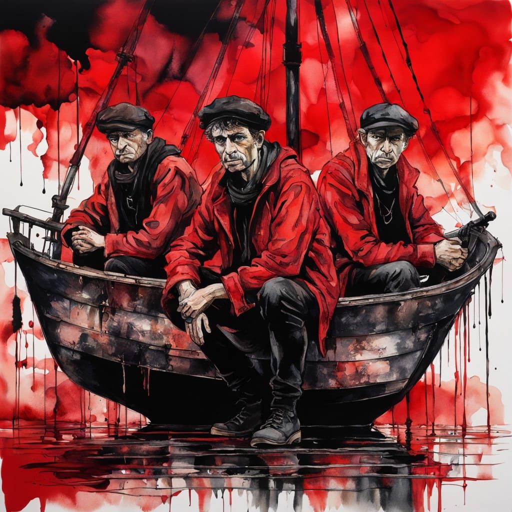 Vibrant Shipwreck Scene in Red and Black