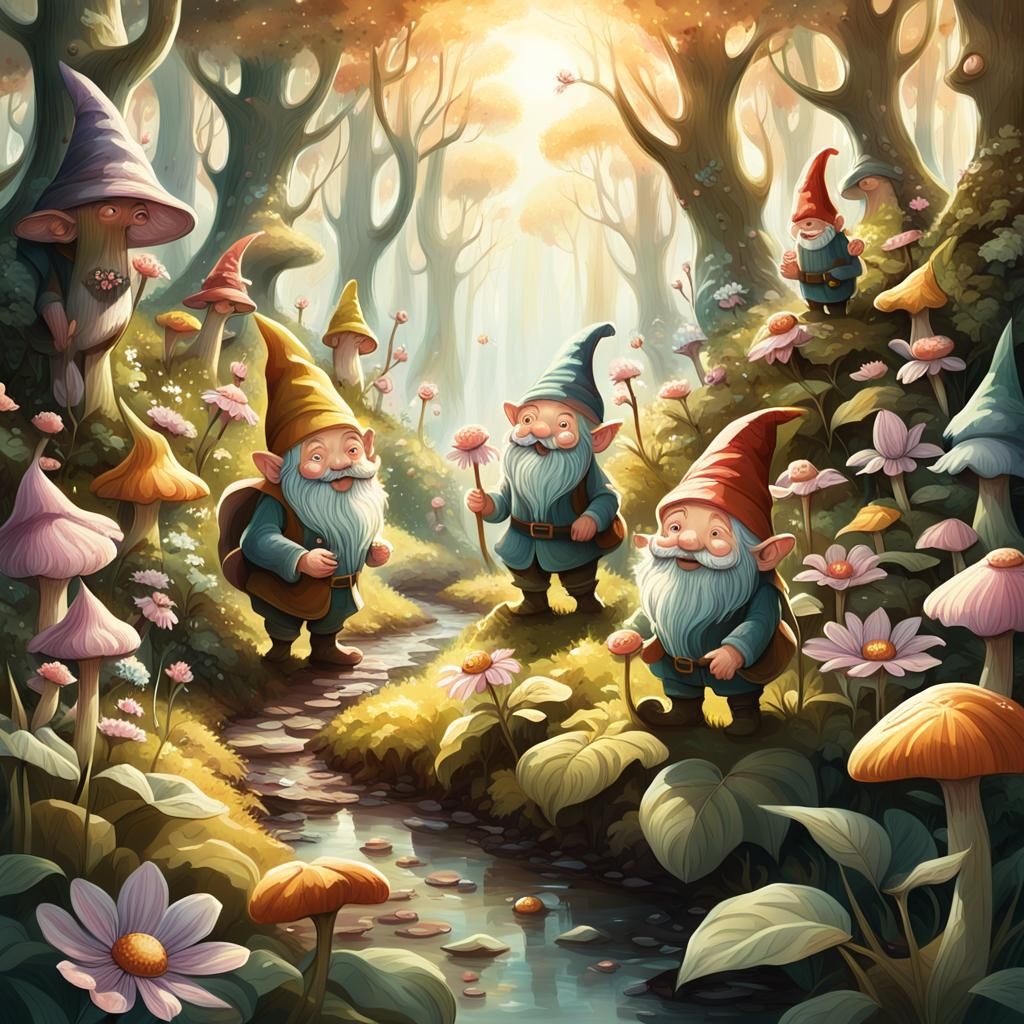 Fantasy Flowers Chatting with Gnomes, Whimsical Illustration