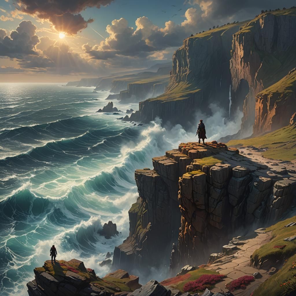 Cliffside Figure Overlooking Turbulent Sea, Fantasy Art