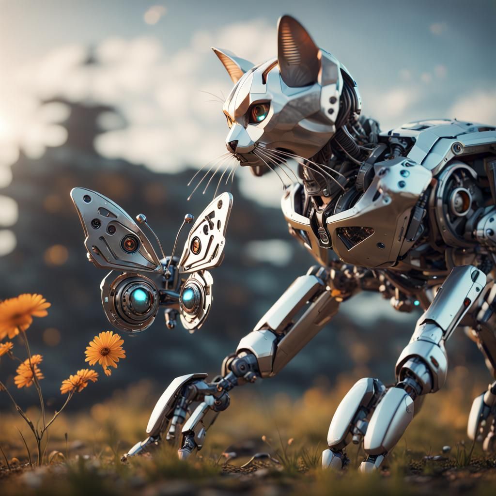 Robotic Cat and Butterfly in Sci-Fi Scene