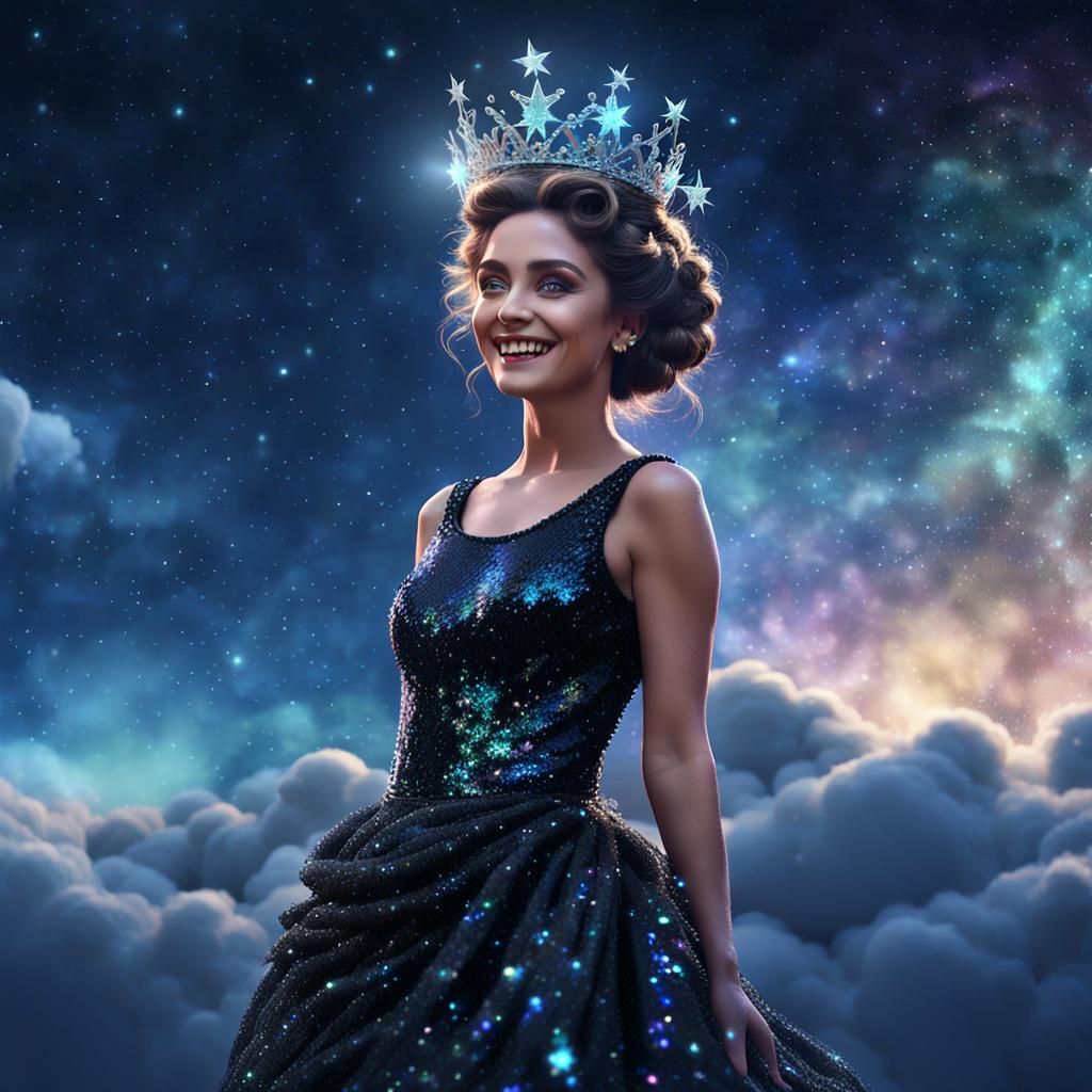 Smiling Goddess Shimmers with Starlight Above Village