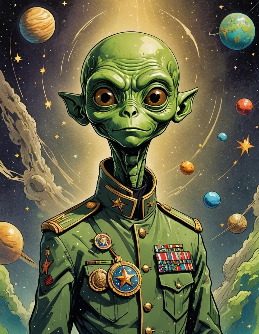 Green Alien Marshal in Retro-Futurist Illustration