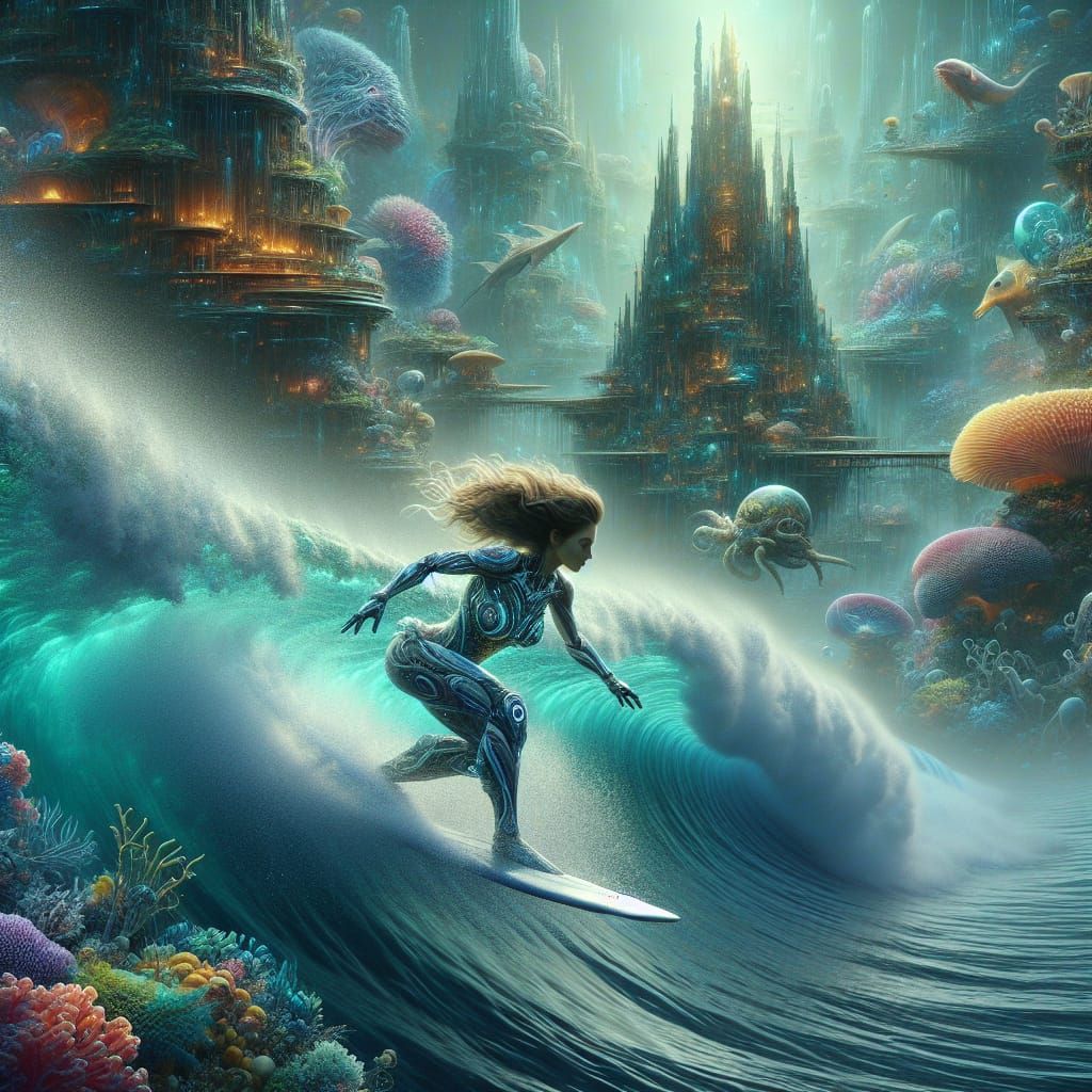 Underwater Metropolis: Woman Surfing a Wave