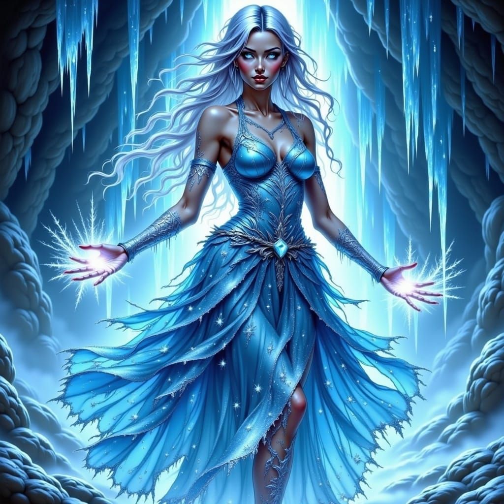 Ice Sorceress Summons Blizzard in Crystalline Cavern