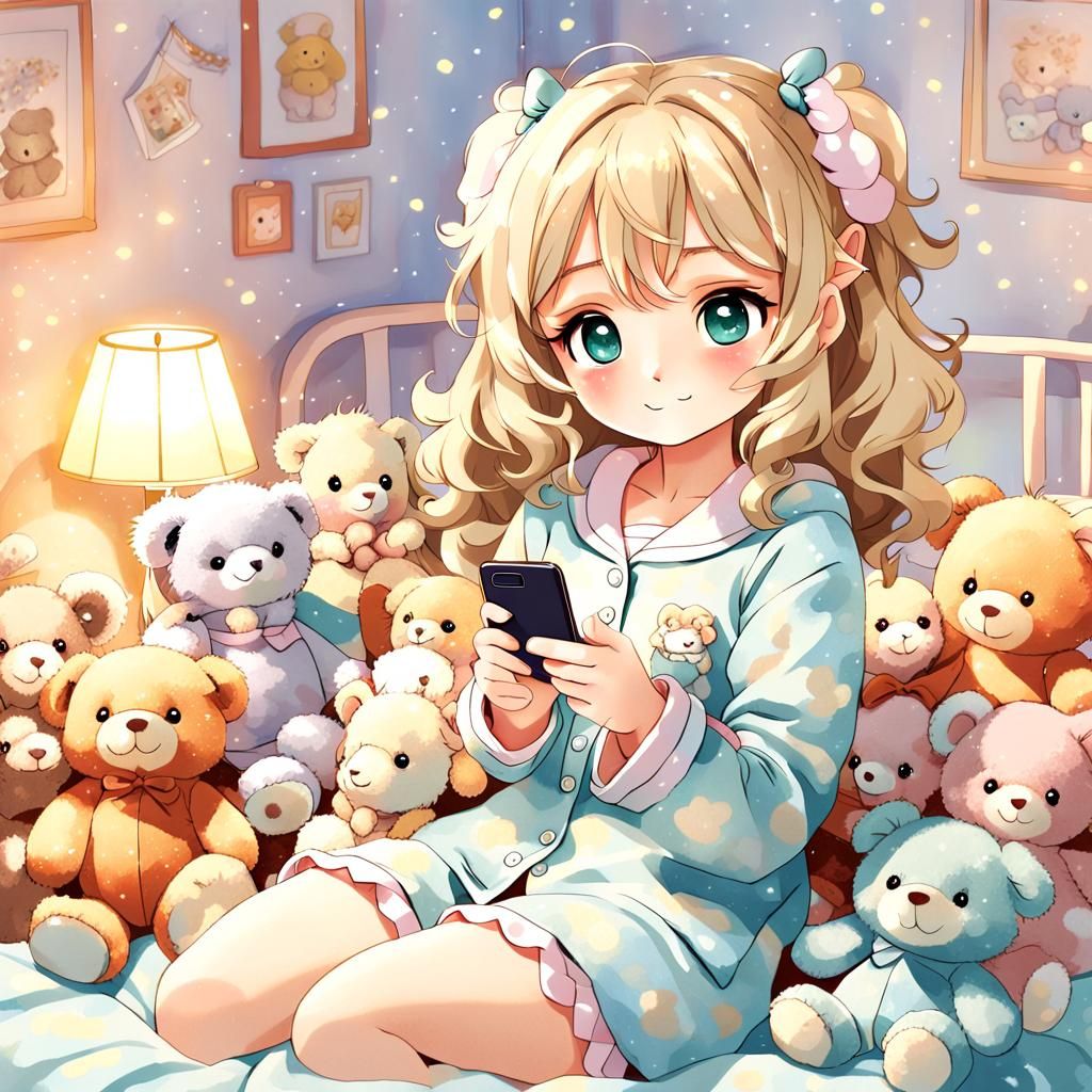 Anime Girl with Plush Toys in Pastel Colors