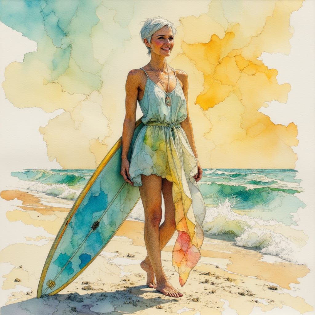 Australian Woman with Retro Surfboard on Bondi Beach