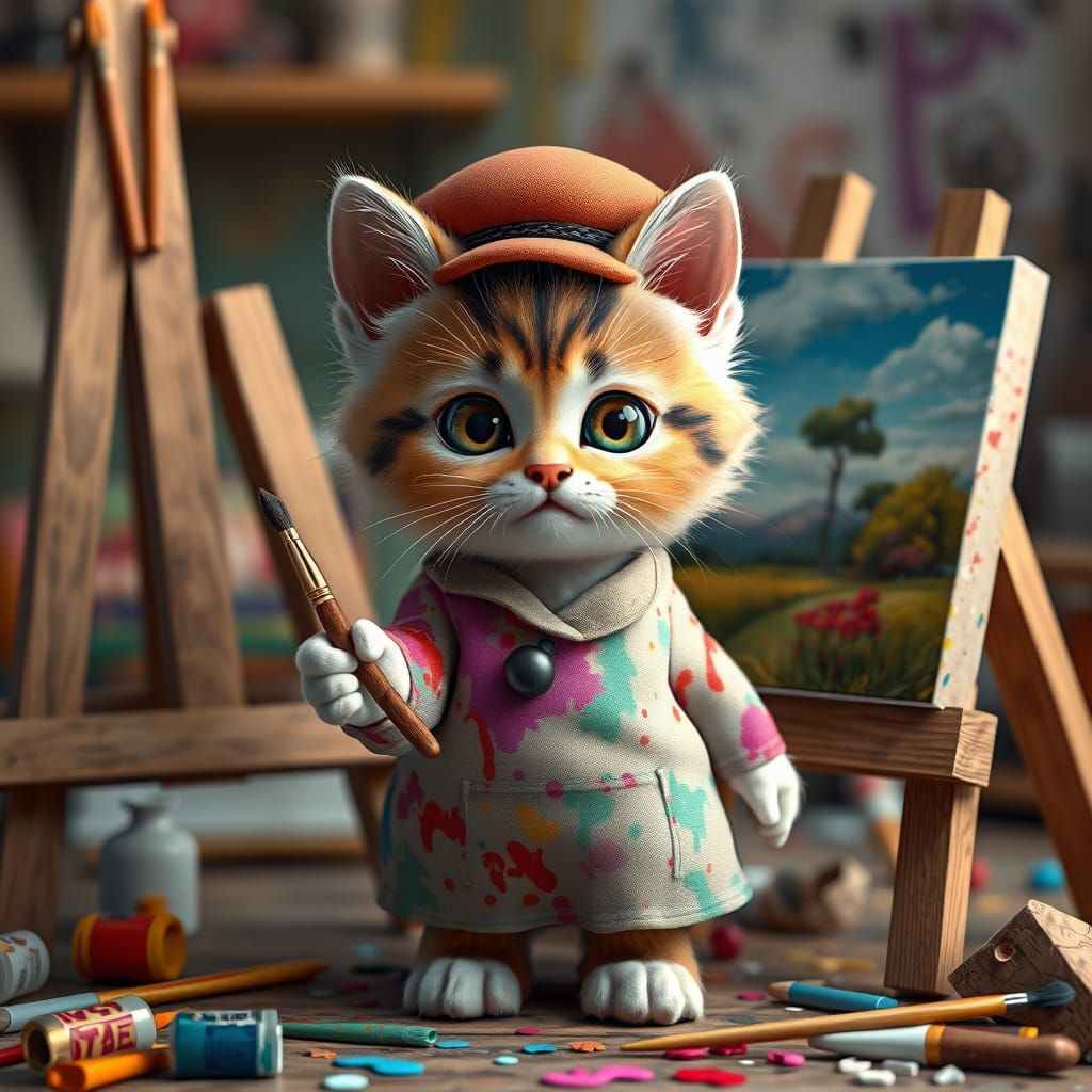 Kitten Artist in Whimsical Studio