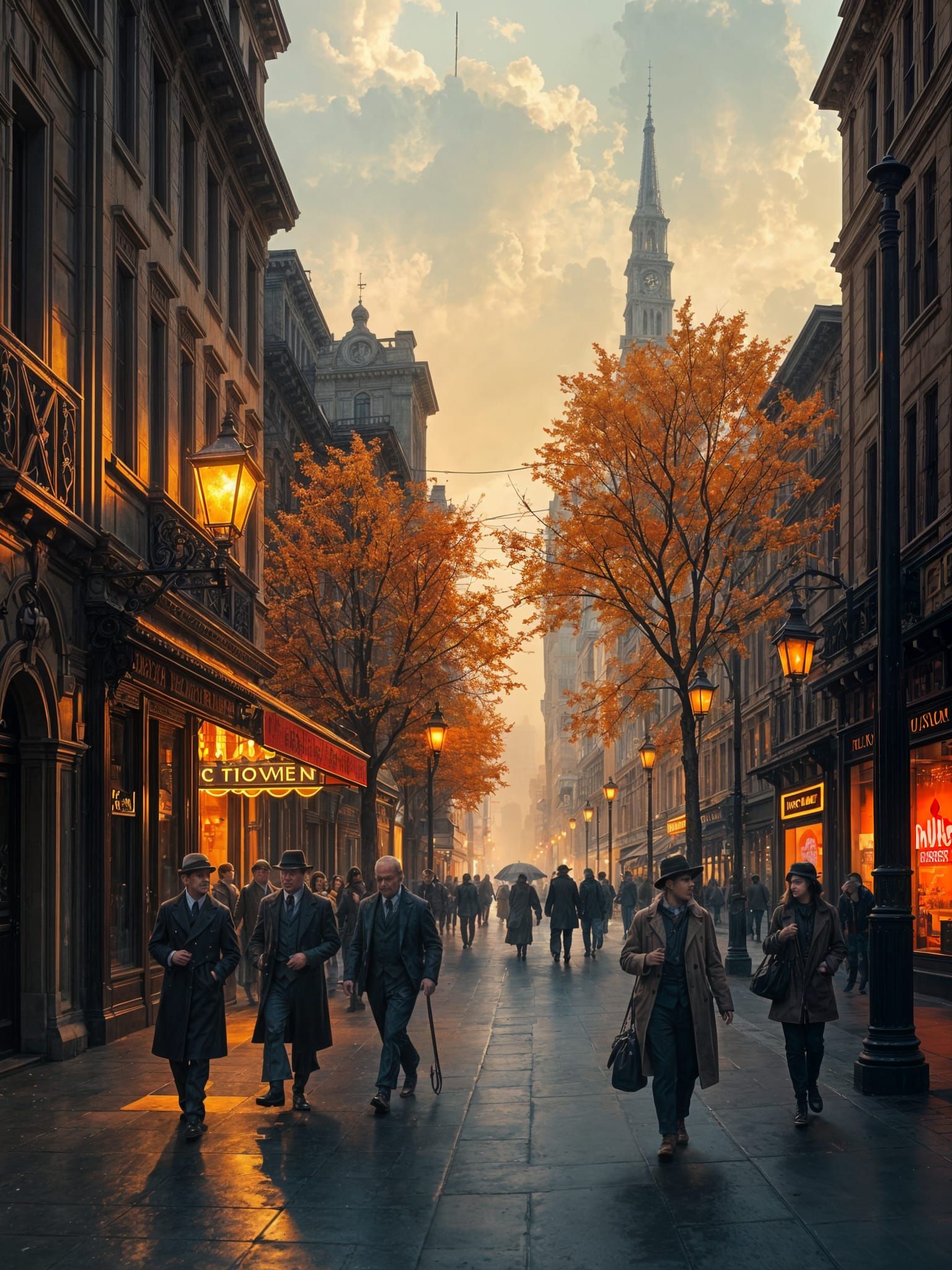 1920s Autumn Cityscape in Impressionistic Style