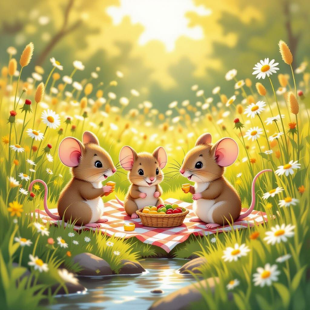Cartoon Mice Picnic in Wildflower Field, Children's Illustra...