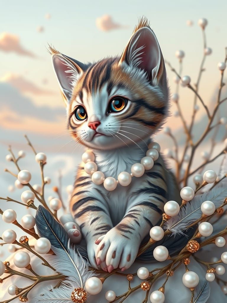 Kitten Surrounded by Pearls in 3D Animated Style