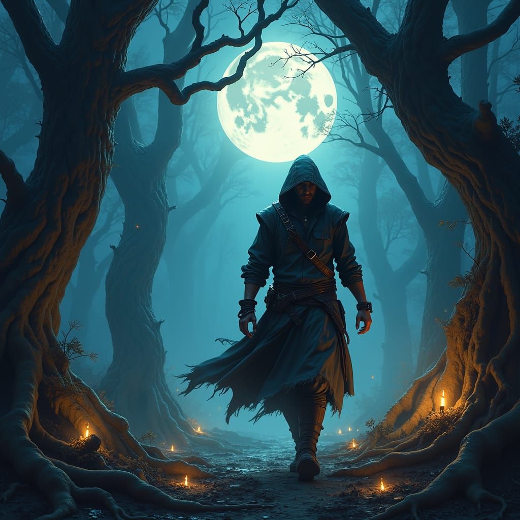 Mystical Burglar in Moonlit Forest, Atmospheric Matte Painti...