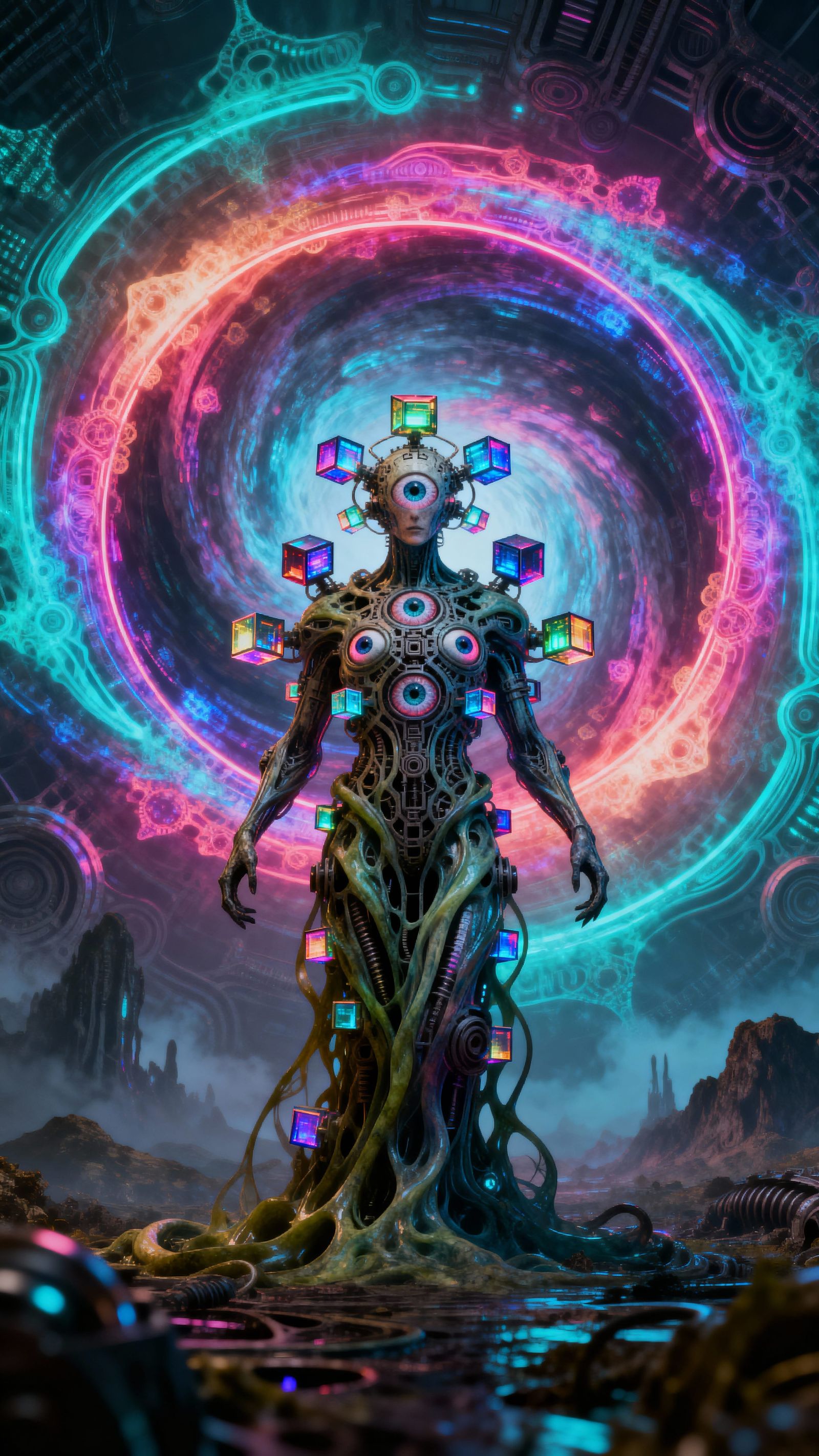 Divine Multi-Eyed Entity Before Neon Fractal Portal