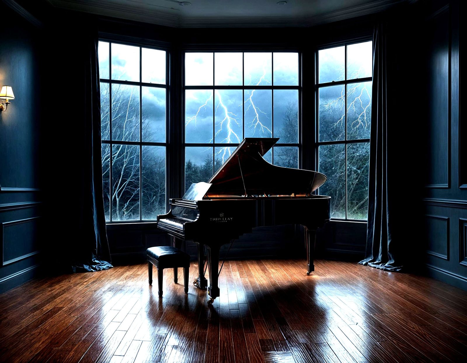 Grand Piano in Thunderstorm: Hyperrealistic Night Scene