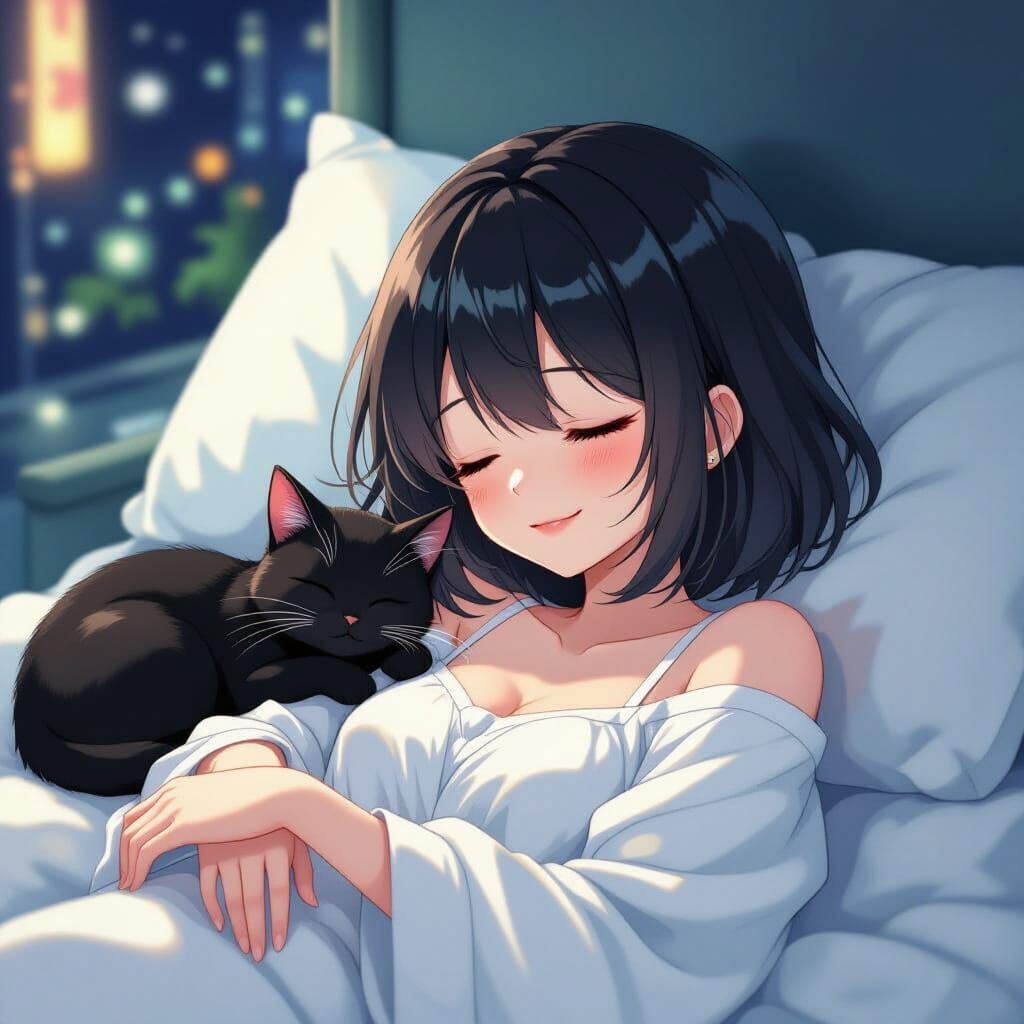 Mystical Anime Girl & Cat Sleep Under City Night Sky